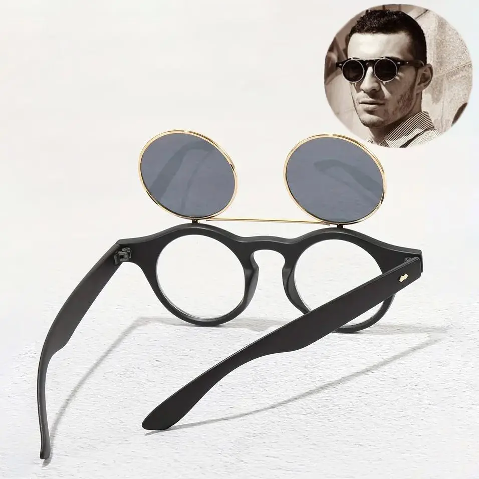 Retro Punk Round Sunglasses for Male, Double Layer Flip-Up Plastic Frame with UV Blocking & UV Protection Lens, Uv Blocking Sunglasses, Driving