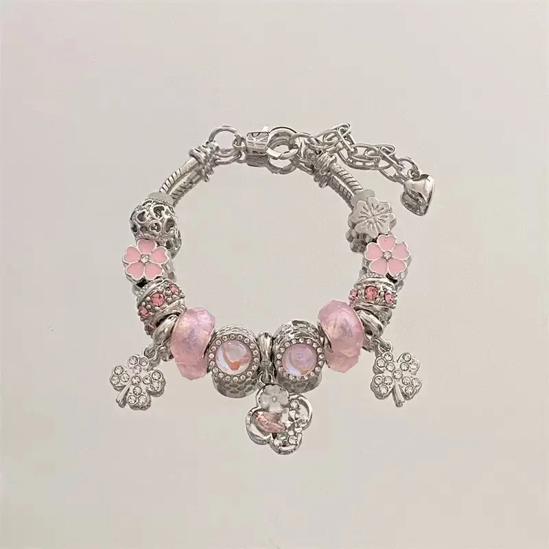 DIY-Elegant Pink Floral Charm Bracelet with Silver Tone Clasps and Rhinestone Accents (Auction items)