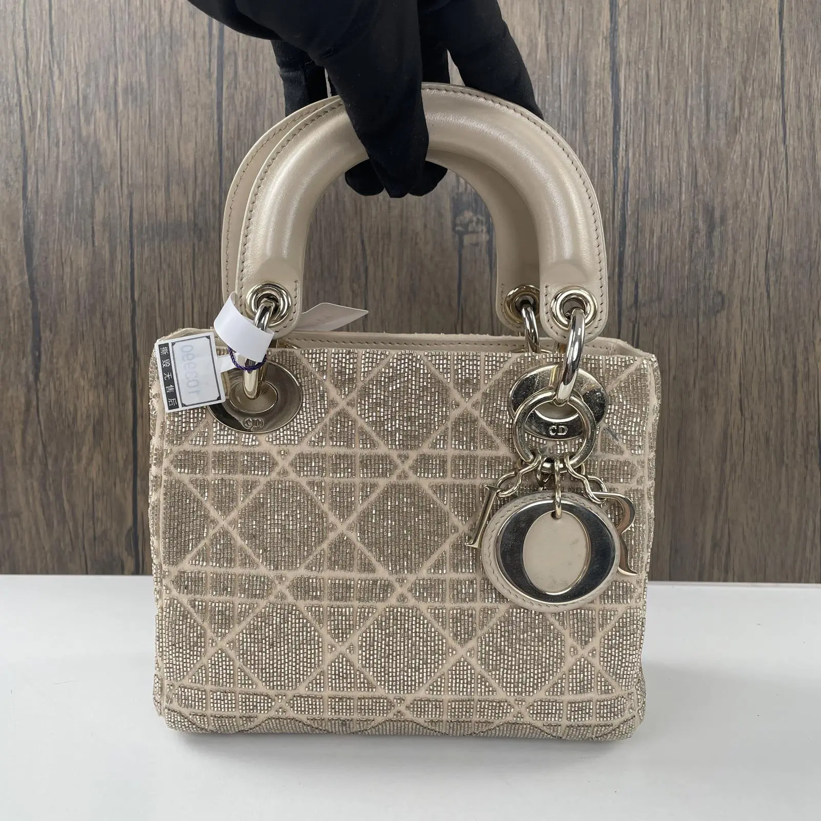Pre-owned Dior nude calfskin Messenger Bags Mini Lady Cannage Crystal Embellished Handbag++Bag Charm++