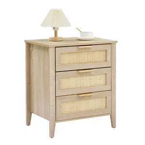 Modern Nightstand with 3 Natural, 3-Drawer Wood Accent Table for Bedroom or Living Room, Compact Storage with Natural Fiber Design