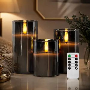 3PCS Glass Battery Operated Grey Flameless Candles with Remote Timer, 3D Wick Real Wax Pillar Led Candles Warm Flickering Light for Indoor Home, Halloween, Christmas Decor D3 x H4 5" 6"