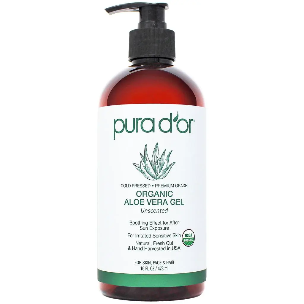PURA D'OR Organic Aloe Vera Gel Unscented 16oz (473ml) – USDA Organic Cold Pressed Aloe Vera for Face, Hair & Skin, Hydrating After Sun Care, Scalp Relief, Anti Aging Moisturizer & Soothing Gel