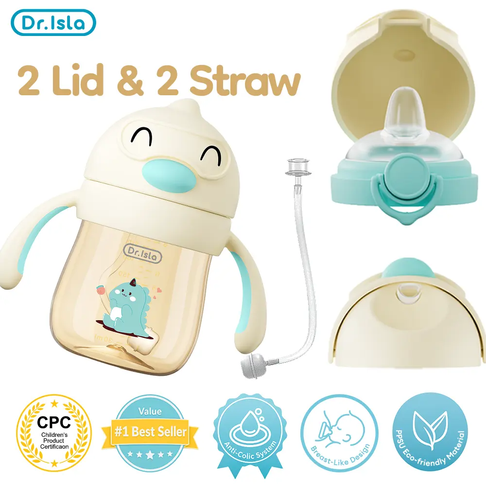 Dr.Isla PPSU 9oz Sippy Cup for Toddlers, Anti-Colic Training Cup 6M-3Y, Leakproof Weighted Straw Cup, Buy 1 Cup Get 1 Nipple Lid Free, Eco-Friendly, 356°F Heat-Resistant, BPA-Free, Non-Slip Handle, Boys Girls Professional Transition Bottle