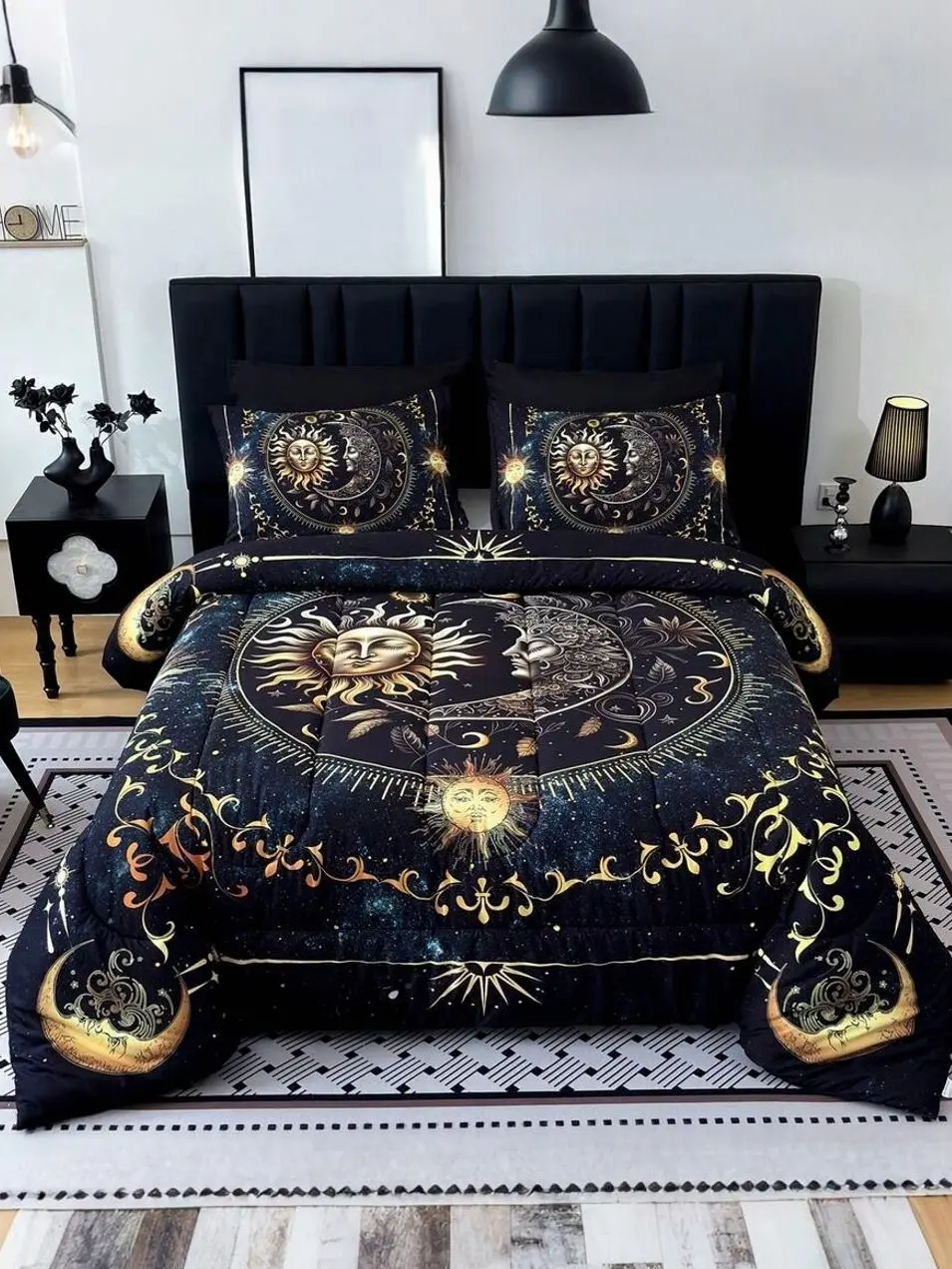 Golden Sun Moon Comforter Set 3PCS, Celestial Planet Quilt Bedding Set, Soft Quilted All Season Bedding,Room Decor, Twin Full Queen King