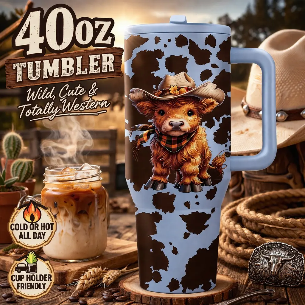 1pc 40oz Cute Highland Cow Tumbler, Western Cow Print Sturdy Insulated Mug with Handle, Stainless Steel Vacuum Portable Travel Thermos Cup, Thermal Cup for Coffee, Tea, Water, Large Capacity Drinkware Gift for Cowgirls, Farmhouse Lovers and Cow Fans