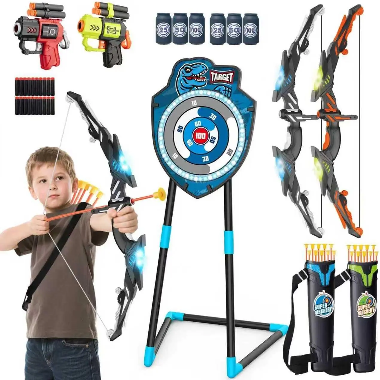 LED Archery Set for Kids with Glowing Standing Target, 2 Collapsible Bows, 2 Adjustable Quivers, Outdoor Sports Toy, Birthday Holiday Gift for Boys & Girls, 2 Collapsible Led Bows