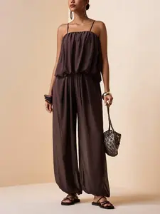 2pcs/Set 2026 Spring/Summer New Pleated Floral Camisole Top And Elastic Waist Cargo Pants Chiffon Suit, Brown