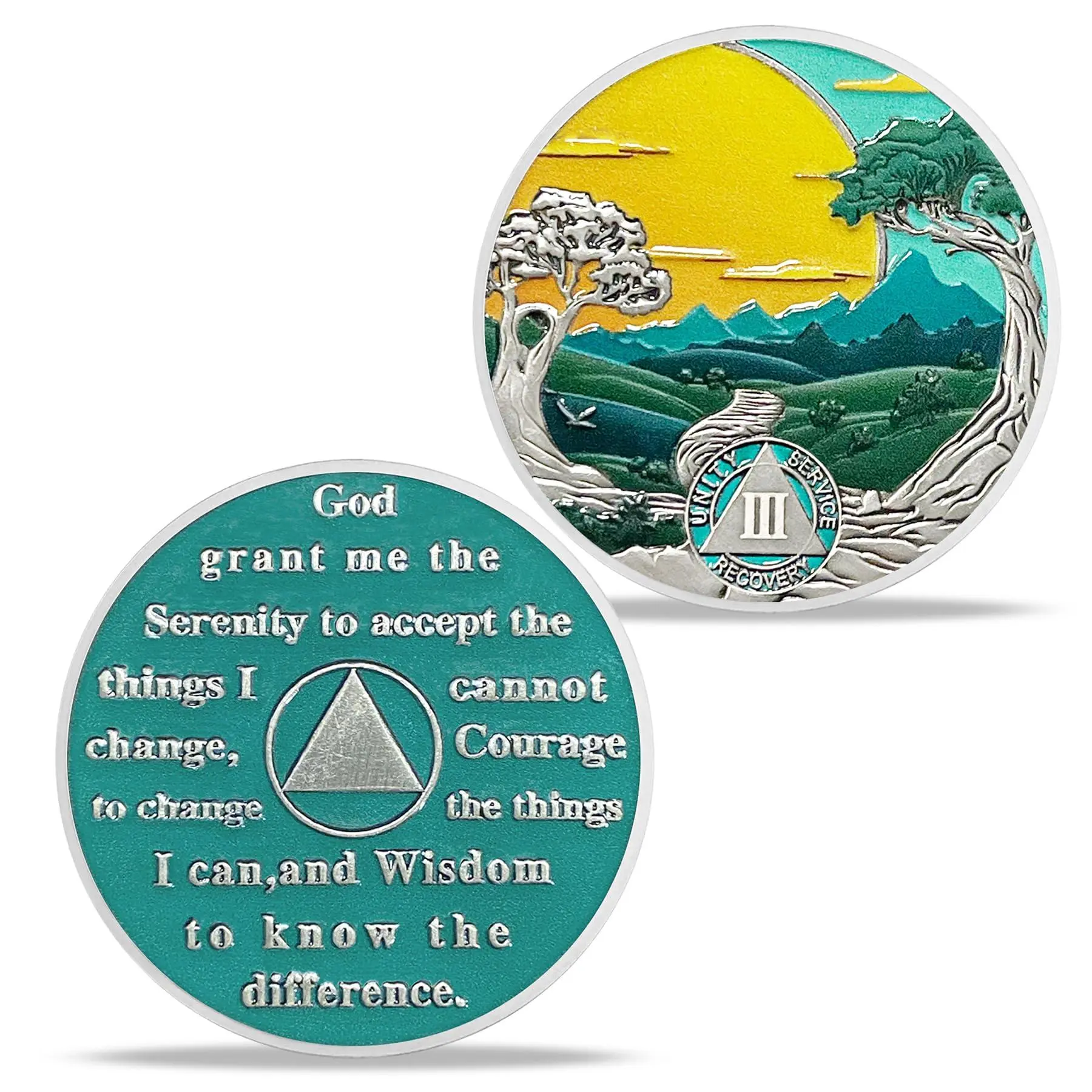 Antique Silver-Plated 3-Year Sobriety Medal - 1.37in Diameter, Iron Base, Sun Tree Motif, Serenity Prayer, 12 Step Recovery Collectible, Easy to Carry Christmas Party & Meeting Supply Gift for Men/Women Sponsors, Collectibles