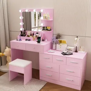 karlhome 9-Drawer Makeup Vanity with 3-Tone Lights Spacious Tabletop & Shelves Keep Cosmetics Tidy Easy to Assemble Pink Dressing Table