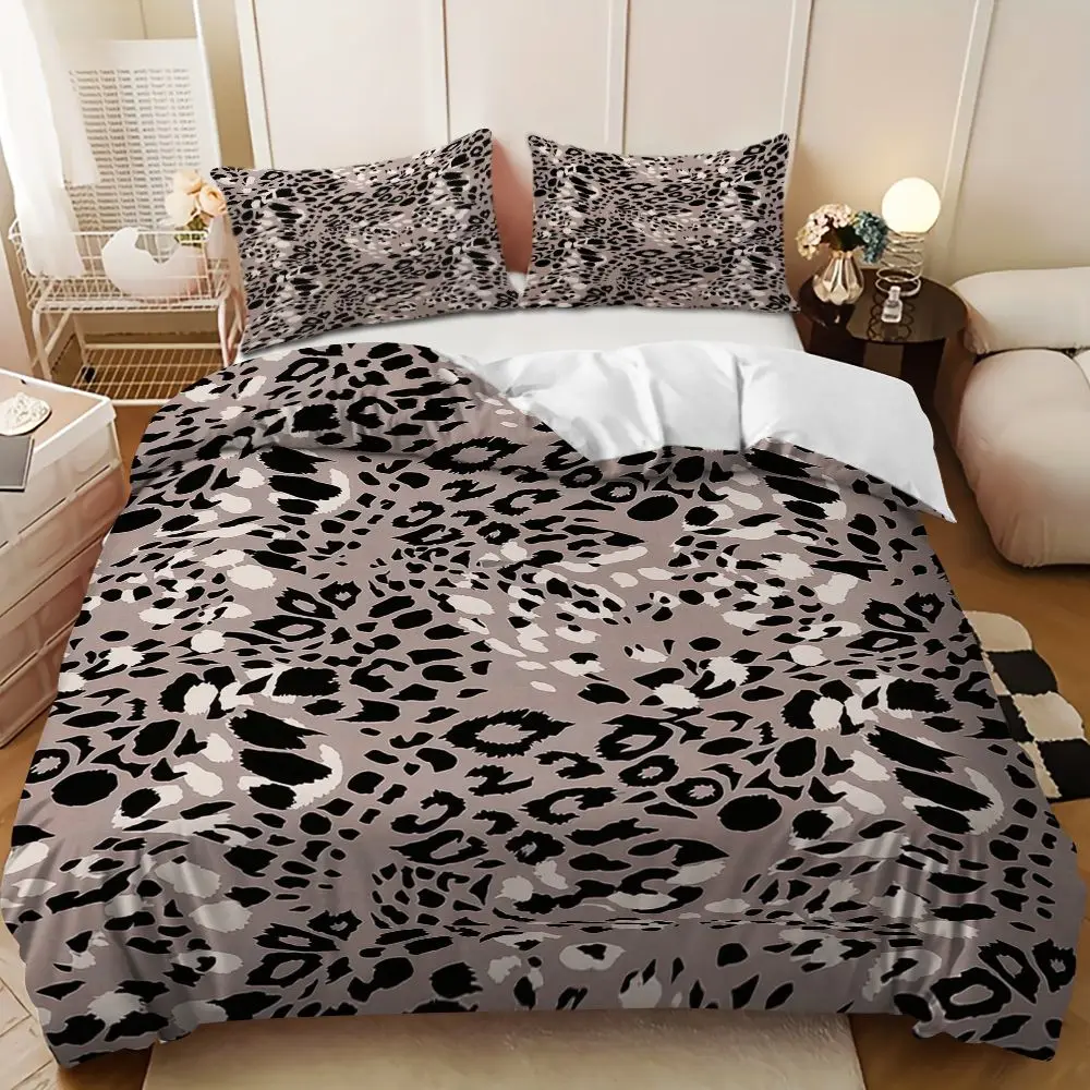 Bedding Set, Decorative Bedding Set - 3pcs Gray and Black Leopard Print Patchwork Down Comforter Set (1 comforter cover + 2 pillowcases, filling not included), soft and comfortable, suitable for family bedrooms and guest rooms