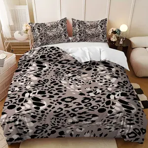 Bedding Set, Decorative Bedding Set - 3pcs Gray and Black Leopard Print Patchwork Down Comforter Set (1 comforter cover + 2 pillowcases, filling not included), soft and comfortable, suitable for family bedrooms and guest rooms