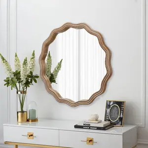 23.62 Inches Classic Design Large Circle Wall Mirror Wood Framed Hanging Wavy Scalloped Mirror for Home Decorative Use