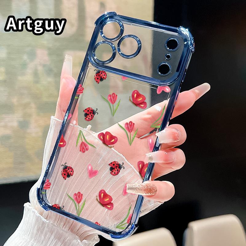 Ladybug Floral Dream Pattern Phone Case for iPhone 17 Pro Max 16 15 Plus Air 14 13 12 11 E Electroplated Cover with Airbag Shockproof Soft Silicone Casing
