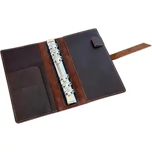 A6 Leather Binder Cover with Card Holder 6 Ring Notebook Cover for Budget Personal Planner Compatible with A6 Binder Paper