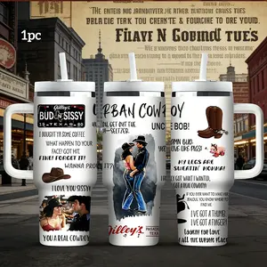1pc 40oz Urban Cowboy: Gilley’s Cowboy Love Quotes Stainless Steel Insulated Cup with Lid & Straw, Dual-Layer Leak-Proof Travel Mug for Hot/cold Drinks, Ideal Gift
