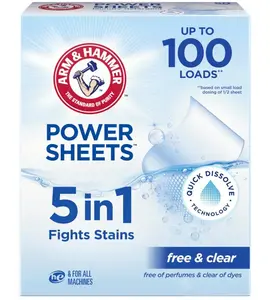 ARM & HAMMER 5-in-1 Power Sheets Laundry Detergent, Free & Clear, 50 Count, up to 100 Small Loads