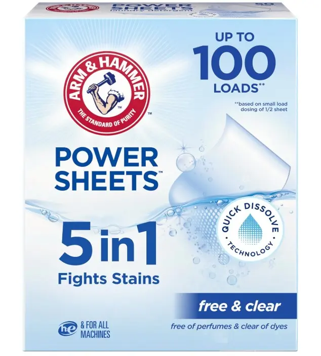 ARM & HAMMER 5-in-1 Power Sheets Laundry Detergent, Free & Clear, 50 Count, up to 100 Small Loads