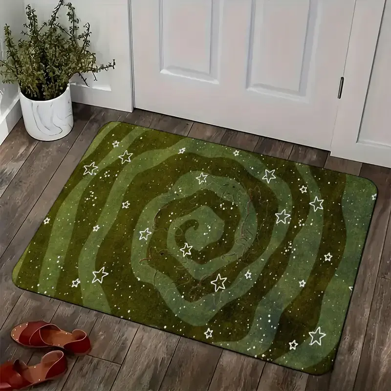 Abstract Galaxy Flannel Area Rug, Green Spiral Star Pattern Floor Mat, Modern Aesthetic Machine Washable Non Slip Door Mat, Stain Resistant Carpet for Bedroom Living Room Office Entryway Car Footwell Decor