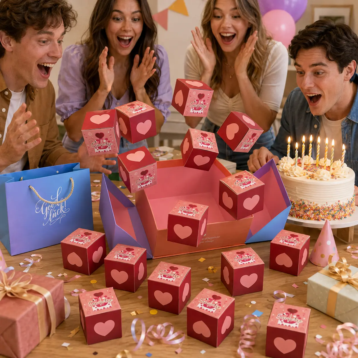 16-Bounce Luxury Explosion Special Box, Folding Bouncing Red Envelope With Confetti Cubes, Festive Gift For Birthdays, Anniversary Parties