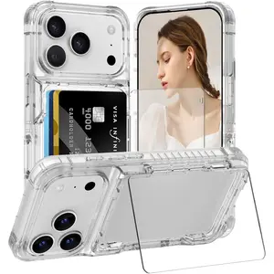 Phone cases for iPhone 17 Pro Max 16 15 14 13 12 11 Pro Max phone Case Wallet with Kickstand, 4 Cards Holder Clear Case for Women Men, Yellowing Resistant Transparent TPU Back Cover, Flip Wallet ID Slot Cover with Stand for 17 Pro Max
