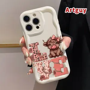 Cream Phone Case for iPhone 16 Pro Max 15 Plus 14 13 12 11 XS XR Cute Cow Love Pattern Curly Wave Frame Pocket-Friendly Shockproof Silicone Protective SoftCream Case Cellphone Casing