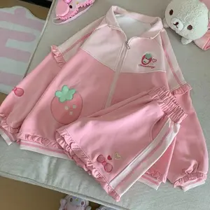 Japanese Kawaii Sweet Pink Strawberry Coat Women+ Y2k High Waist Loose Wide Leg Shorts 2026 Autumn New Two Piece Sets