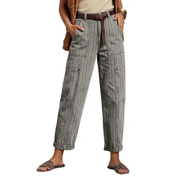 Flamingals Striped Patch Pocket Roll Hem High Waist Cropped Tapered Pants Without Belt Womenswear Stretchy 24.2" Inseam