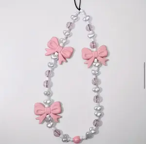 Pink Bow Beaded Phone Strap, Mobile Accessory, Tech Accessory, Phone Charm