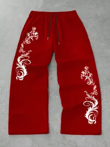 Men's Casual Sporty Long Pants, Geometric Vine Pattern Print, Drawstring Wide Leg, All Seasons Loose Fit, Men's Fashion Clothing