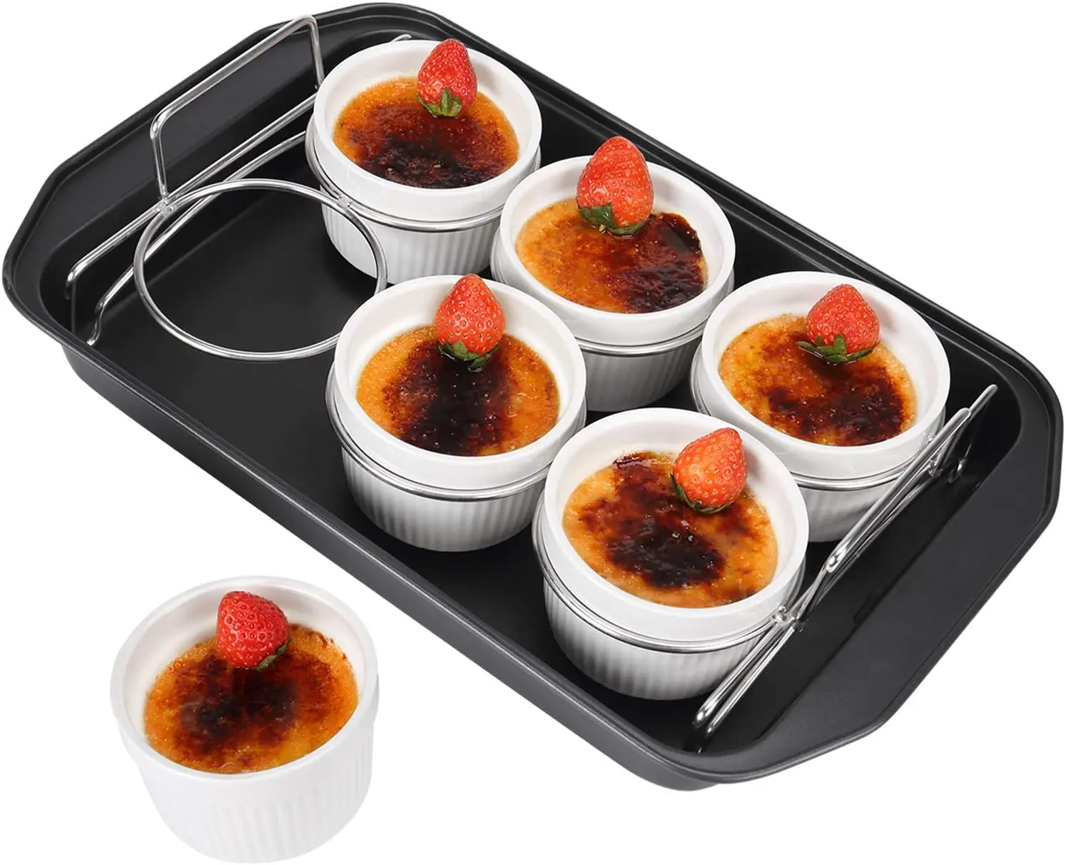 Soligt Creme Brulee Making Set - 6 Porcelain Ramekins 6 oz, for Kitchen, Air Fryer, 304 Stainless Steel Lifting Rack, 9" X 13" Bottom Pan #DealsForYouDays
