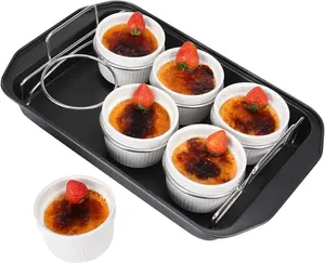 Soligt Creme Brulee Making Set - 6 Porcelain Ramekins 6 oz, for Kitchen, Air Fryer, 304 Stainless Steel Lifting Rack, 9" X 13" Bottom Pan