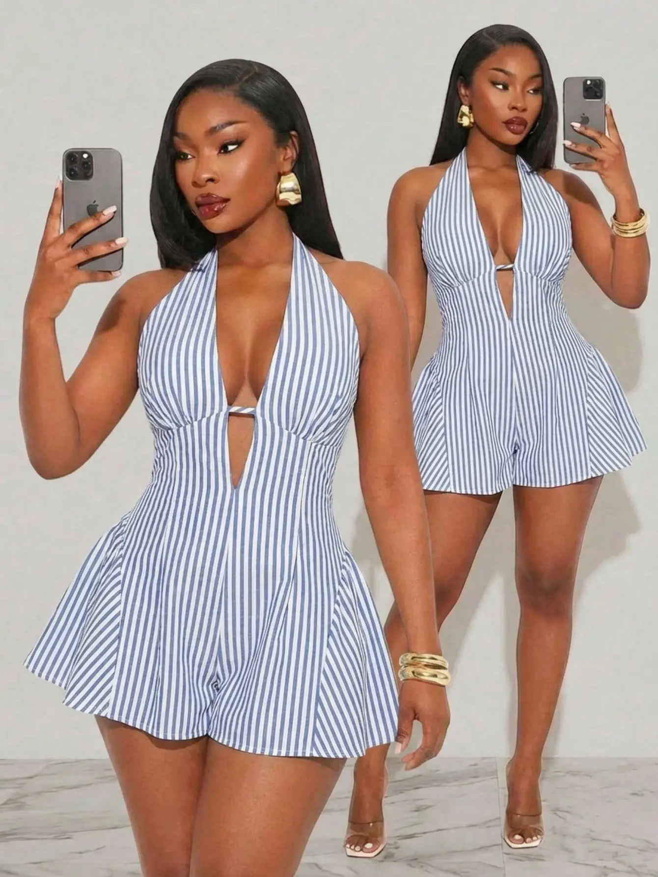 MOM Plus Size Blue White Striped Jumpsuit Romper Deep V-Neck Sleeveless Backless Halter Neck Classy Summer Vacation Bohemian A-Line Ruffled Hem