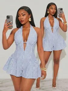 MOM Plus Size Blue White Striped Jumpsuit Romper Deep V-Neck Sleeveless Backless Halter Neck Classy Summer Vacation Bohemian A-Line Ruffled Hem