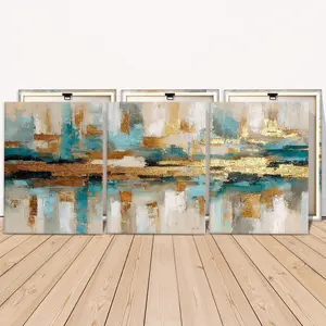 3 Counts Wooden Framed Canvas Painting, Abstract Gold And Teal Brush Texture, Modern Abstract Design, Exquisite Poster, Perfect Living Room Decoration, Modern Art, Fashion Family Poster, Wall Art Decoration, Waterproof Art