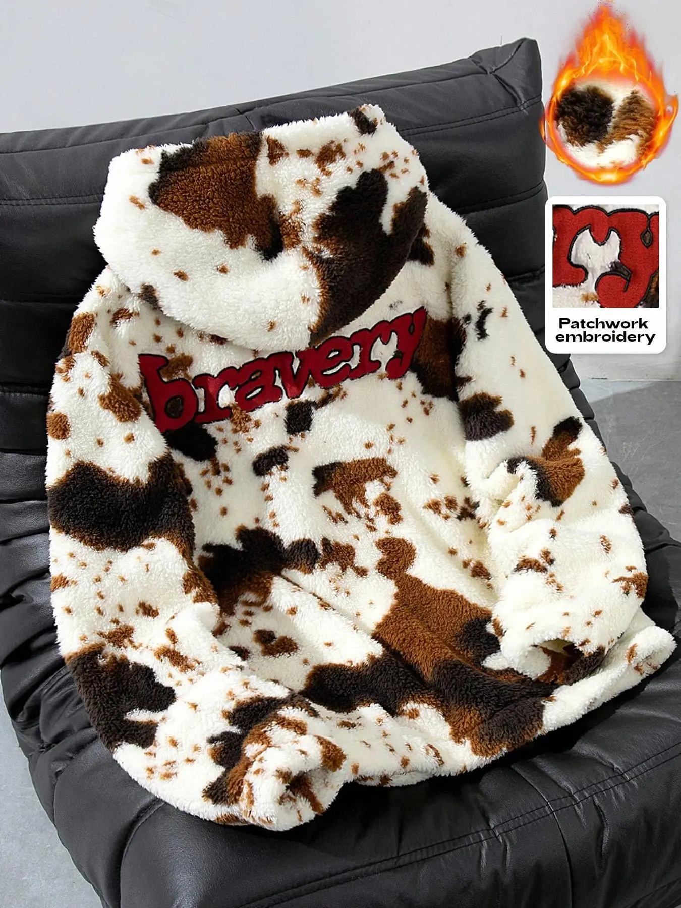 Women's Loose Synthetic Leather Casual Pullover Sweater, Cow Print, Fall Winter Warm Coat, Daily Casual Wear, Women's Jacket, Womenswear