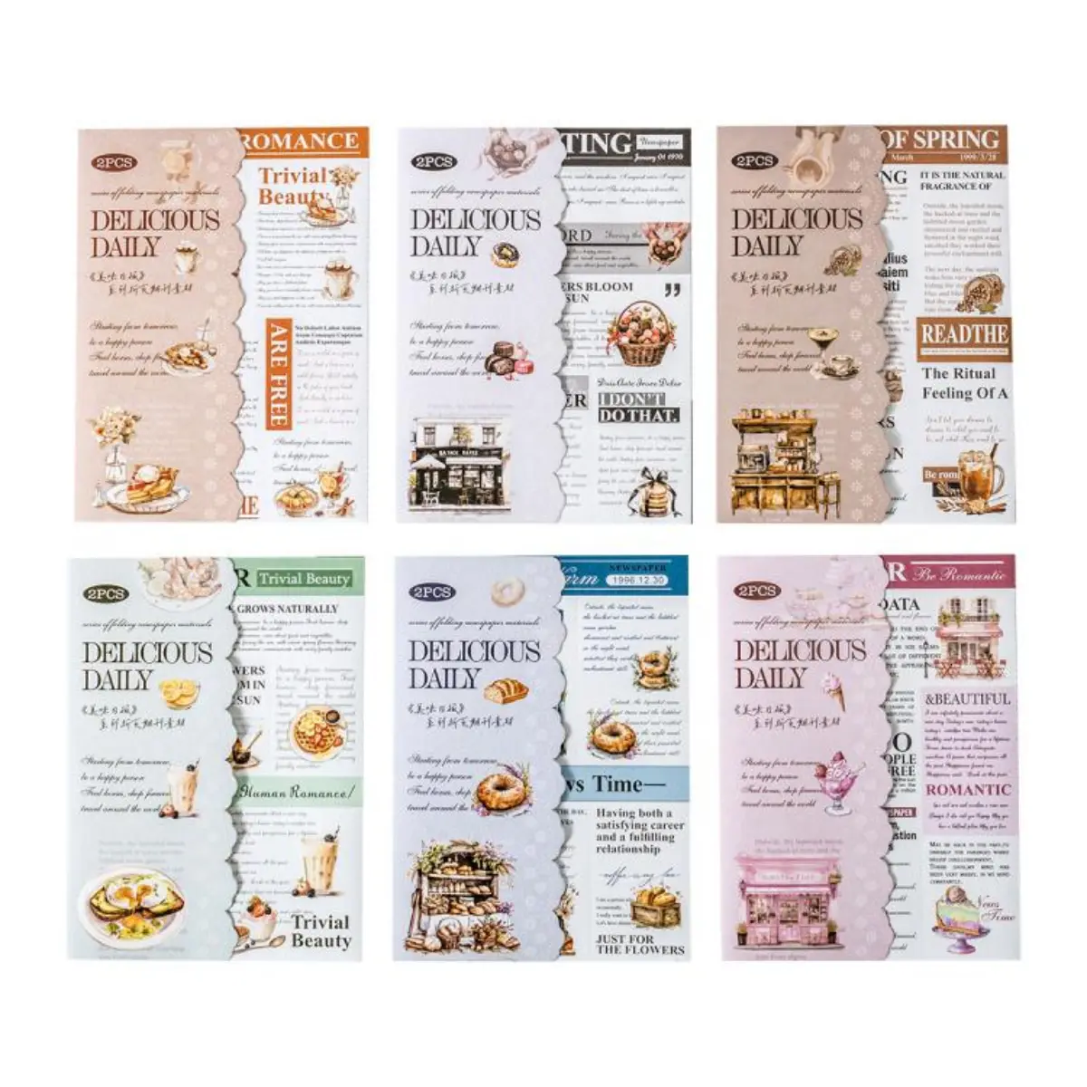 12 pieces of food theme tri fold periodical material sticker white cowhide material retro style DIY decoration base material sticker.