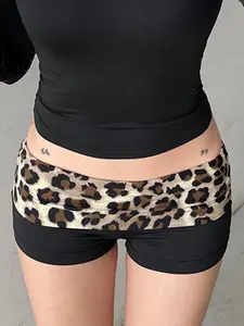 GILIPUR Y2K Leopard Print Fold Over Low Rise Shorts, Women's Fitted Bodycon Black Mini Shorts, Streetwear Clubwear Bottoms, Casual Fashionable Shorts