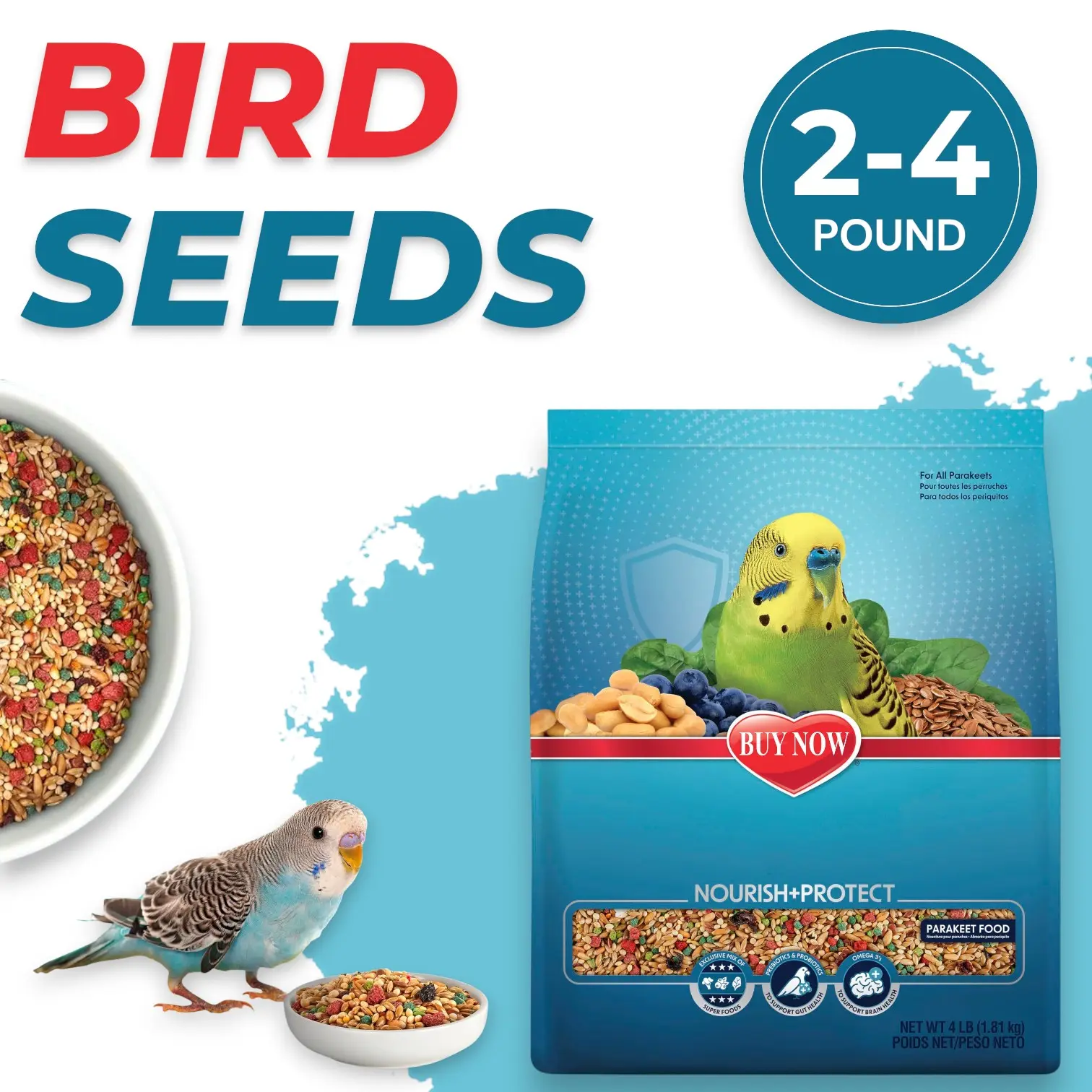 Premium Birdseed Blend Fortified Parakeet Bird Food with Superfoods, Prebiotics, Omega-3 - Supports Digestive Health, Vibrant Feathers - 2 or 4 lb Bag