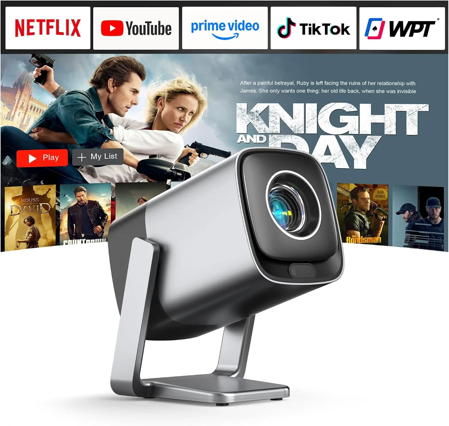 [Compatible with Netflix & TOF Real-time Focus] Mini Projector with WiFi and Bluetooth, XuanPad Silver Smart Projector 4K Support, Dolby Audio & Keystone, 210° Rotatable Stand for Home