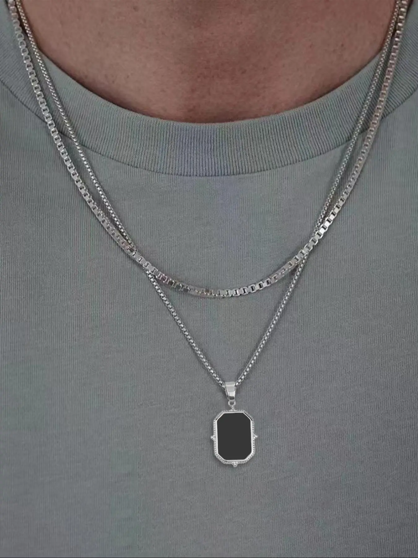Men's Stainless Steel Geometric Necklace Set, Trendy Casual Street Style Jewelry, All-Season Wearable Accessories