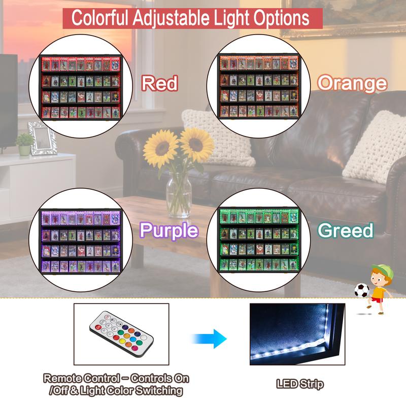 IHEIPYE LED Baseball Card Display Case 36 Graded Sports Card Frame with UV Protection Clear View Lockable Wall Cabinet for Football Basketball Trading Cards Horizontal Wood