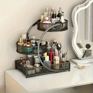 3-Tier Bronze Spiral Metal Makeup Tool Organizer 🧴 - No-Assembly Vanity Storage Rack, Makeup Tray with Mesh Basket, Space-Saving Vertical Stand for Lipsticks, Skincare & Brushes, Bathroom/Dresser Organizer