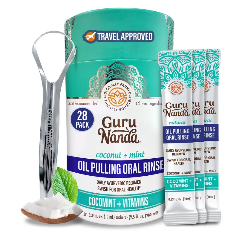 GurunNanda Travel Sachets with Cocomint Oil Pulling and 7 Essential Oil - 28 Count Coconut Oral