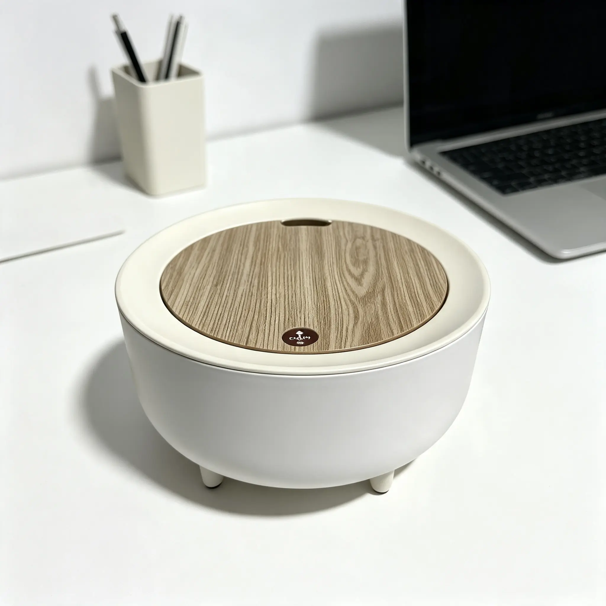 4.4L Mini Desktop Trash Can with Wood Grain Push Lid, Square Waterproof Plastic Odor-Blocking Bin with 4 Non-Slip ft, for Office Desks, Bedroom Vanities & Small Spaces Round