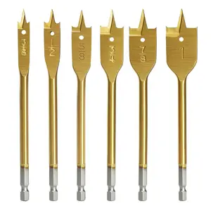 Spade Drill Bit Set- Paddle Flat Bits, Hole , Titanium Coating, Carbon Steel, Woodworking, 6-Pieces, 3/8"-1"