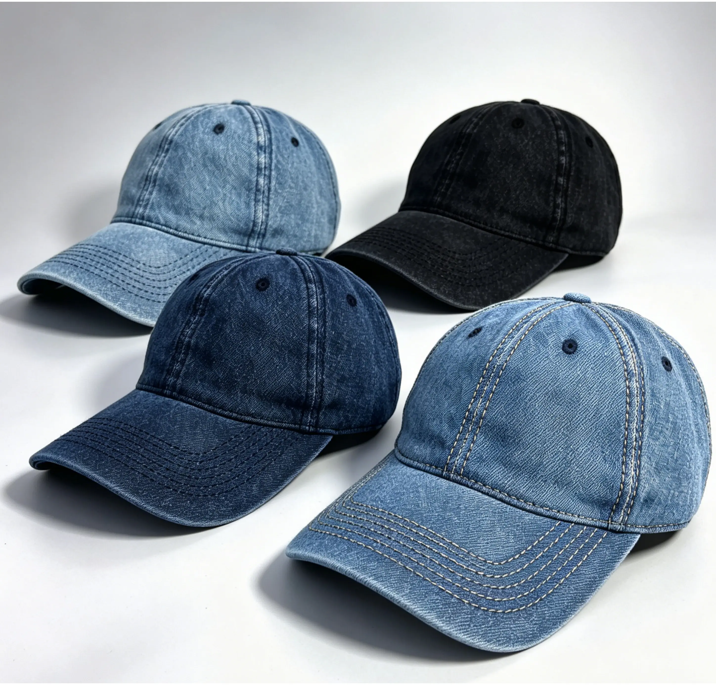 Vintage-style 4 PCS  Washed Denim Hats With Adjustable Metal Snap Closure Moisture-wicking Sweatband Versatile Unisex Design Perfect For Streetwear Sports Events And Summer Outdoor Activities Available