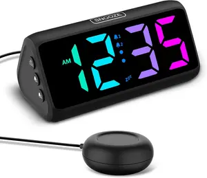 Loud Alarm Clock for Heavy Sleepers, Plug-in RGB Vibrating Alarm Clocks with Bed Shaker, 5 Dimmers, 2 Alarms and Snooze for Bedrooms Hearing Impaired Deaf Adults (Black)