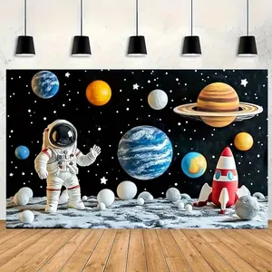 Space Themed Birthday Party Backdrop, Cartoon Outer Space with Planets Rocket Stars Banner, Celebrations Photography Background, Space Party Decorations