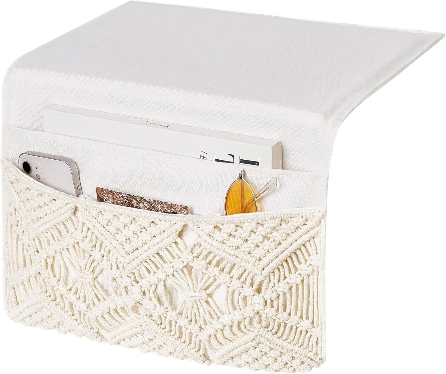 Macrame Bedside Caddy Organizer, Boho Hanging Bed Storage with 4 Pockets, Remote, Tablet & Magazine Holder for College Dorm, Bedroom & Living Room, Ivory Mkono