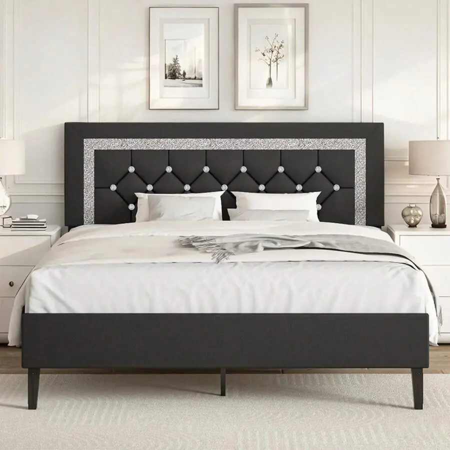 Upholstered  Frame  Headboard, Modern  Frame  Diamond Tufted Headboard, PU Leather  Frame, No Box Spring Needed, Easy Assembly, White/ Black/ Pink, Twin/ Full/ Queen Primed , Queen Bed Frame
